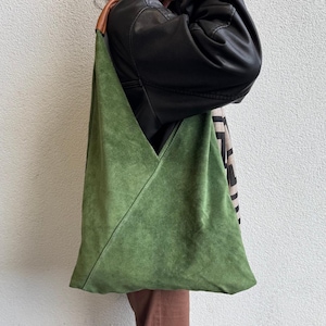 Olive Large Genuine Italian Suede Tote Bag Everyday Practical Shoulder Bag Handmade Suede Shopper Bag Large Hobo Bag for Laptop