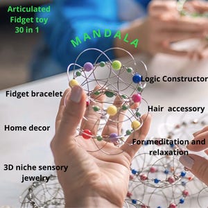 Pode incluir: Uma escultura de arame prateado com contas coloridas, chamada Mandala, é um brinquedo de fidget articulado 30 em 1. Também pode ser usado como construtor lógico, acessório de cabelo, decoração de casa ou joias sensoriais 3D de nicho.