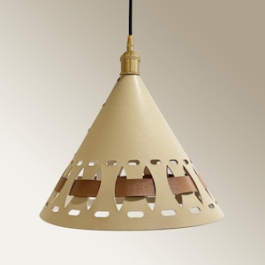 Handmade Leather Accent Pendant Light, Cream Scandinavian Cone Lamp, Modern Minimalist Kitchen Island Lighting, Designer Ceiling Fixture