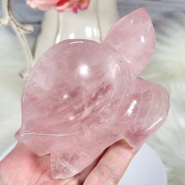 4" Beautiful Pink Rose Quartz Turtle Dish Bowl Sphere Holder