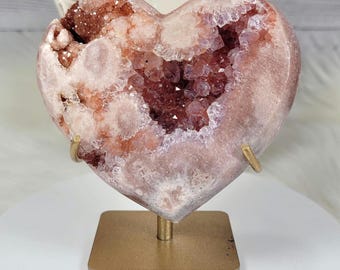 3.5" Red-tone Pink Amethyst w/ Green Jasper Heart on Custom Stand