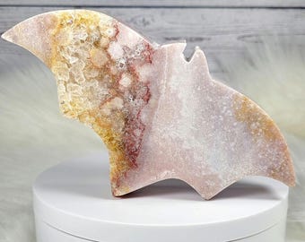 6.75" Funky Self-Standing Pink Amethyst Druzy Flower Agate Stone Bat