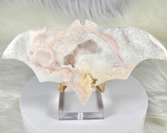 6.5" Pretty Druzy Crystal Flower Agate Bat w/ SILVER Stand