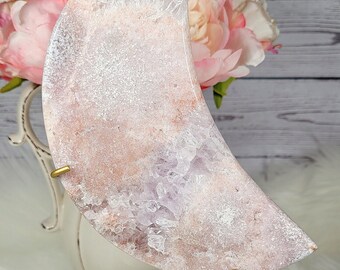 Pink Amethyst Druzy Flower Agate Crescent Moon on Custom Stand