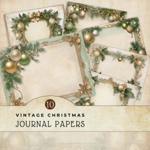 Papeles navideños elegantes en verde y dorado, papel digital para álbumes de recortes, páginas para diarios basura, marcos navideños, suministros para manualidades con papel decorativo.