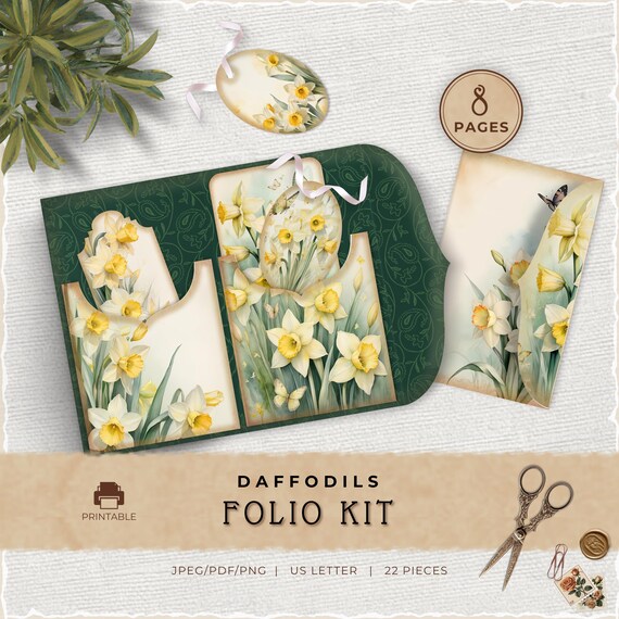 Daffodil Flower Folio Kit, Junk Journal Pocket, Spring Paper Craft, Easter Florals, Mix and Match Craft, Printable Folio, JJ003