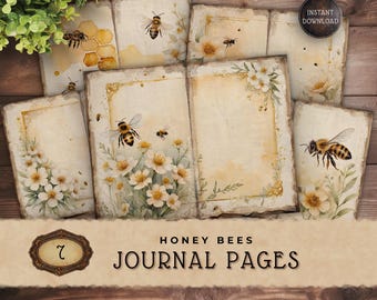 Páginas de diario de abejas, papel digital imprimible de naturaleza vintage para scrapbooking