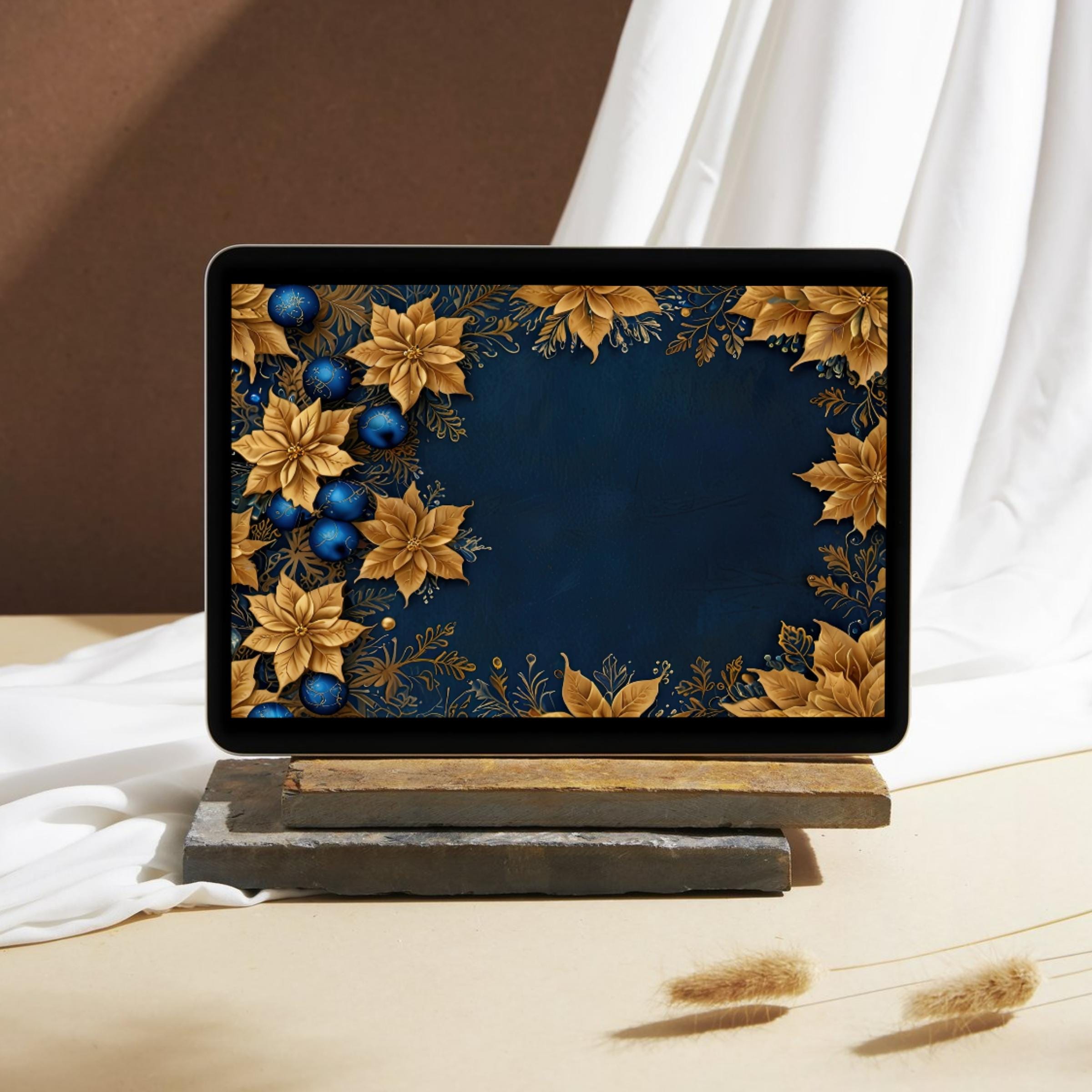 Moody Blue and Gold Poinsettia Digital Papers, Shabby Chic
