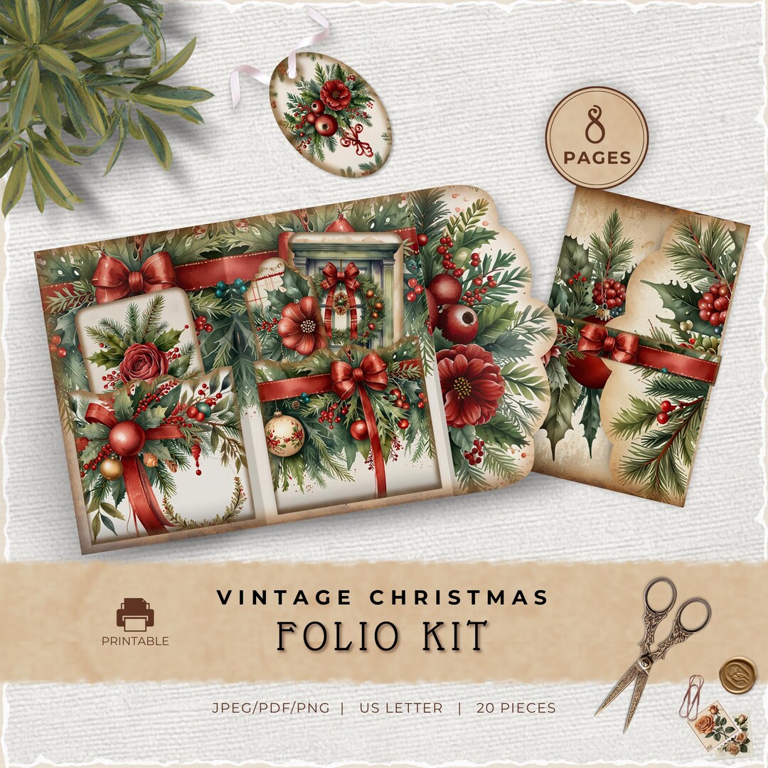 Vintage Christmas Junk Journal Folio Kit, Scalloped Holiday Printable ...