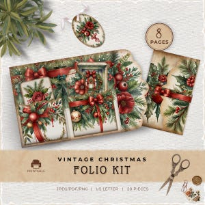 Vintage Christmas Junk Journal Folio Kit, Printable Scalloped Holiday Pockets, Mix and Match Xmas Folio, Digital Download, Paper Crafting
