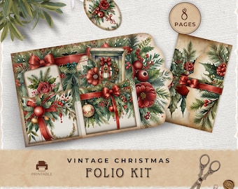 Vintage Christmas Junk Journal Folio Kit, Scalloped Holiday Printable Pocket for Junk Journaling
