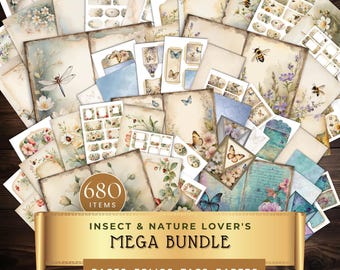Insect Nature Junk Journal Mega Bundle, Botanical Ephemera, Printable Pages, Digital Paper Pack
