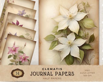 Junk Journal & Scrapbook Paper Pack, Clematis Flower Papers Set, Printable Floral Backgrounds, Cardmaking Supplies