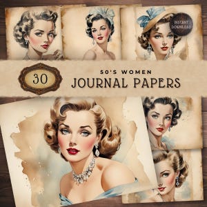Téléchargement numérique de pages de journal indésirable pour femmes des années 1950, fourniture de papier pour scrapbooking, arrière-plans vintage, créations artisanales en papier du milieu du siècle