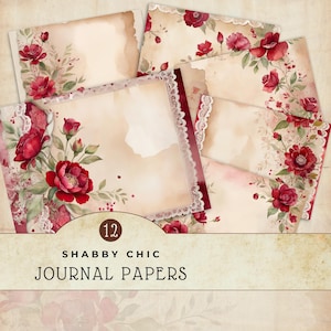 Shabby Chic Junk Journal Seiten Rote Blume Digitale Papiere, druckbare Papiere, Cottagecore floral Hintergründe, Instant Download