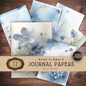 Blue Decorative Papers for Junk Journal, Vintage Floral Digital Paper Pack, Cottagecore Scrapbook Pages, Instant Download