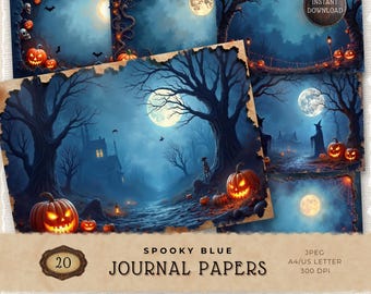Blue Spooky Season Digital Scrapbook Paper, Junk Journal Pages, Printable Paper, Card Making, Jack O Lantern, JJ022