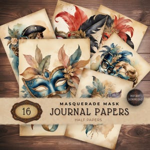 Masquerade Ball Digital Paper Pack, Venetian Carnival Mask Images, Instant Download Scrapbook Supply, Papercraft Printable