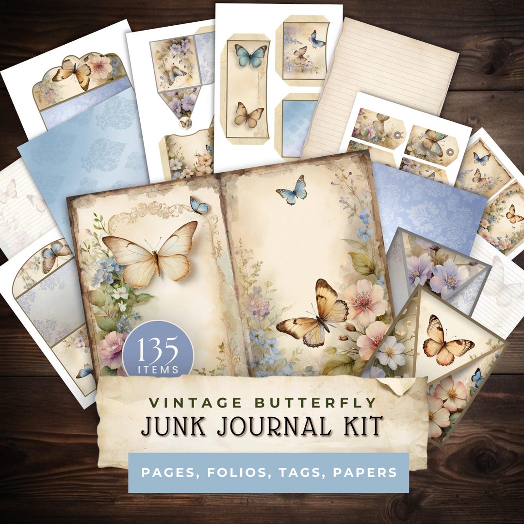 Vintage Butterfly Junk Journal Bundle, Floral Folio Kit for Paper ...