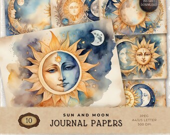Vintage Sun Moon Digital Papers, Scrapbook Paper Set, Instant Download Crafting Supply, Celestial Decorative Papers, Junk Journal Pages