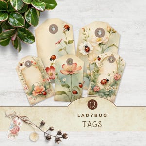 May include: A collection of twelve vintage-style ladybug tags. Each tag features watercolor illustrations of flowers and ladybugs. The tags have a distressed, aged appearance with a hole for stringing. The words "LADYBUG TAGS" are printed on a banner.