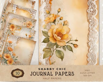 Vintage Shabby Chic Digital Papers, Junk Journal Pages, Amber Flowers Background, Scrapbook Craft Supplies, Yellow Download