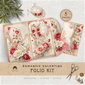 Hearts and Flowers Junk Journal Folio Kit, Vintage Valentine Printable Pocket Download, JJ030