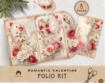 Hearts and Flowers Junk Journal Folio Kit, Vintage Valentine Printable Pocket Download, JJ030