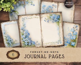 Forgetmenot Flower Junk Journal Pages, téléchargement de papier de scrapbooking imprimable bleu vintage, JJ005