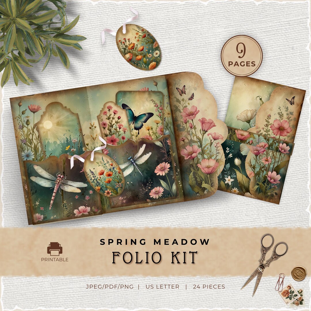 Spring Meadow Junk Journal Folio Kit, Vintage Nature Printable Pocket ...