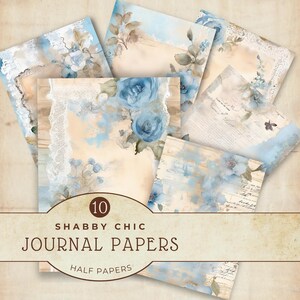 Paquete de papeles digitales azules Shabby Chic, páginas de diario basura, papel para manualidades con encaje de rosas vintage, descarga instantánea