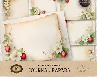 Vintage Strawberry Digital Paper Pack, Summer Printable Backgrounds for Junk Journaling and Scrapbooking