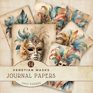 Venetiaans carnaval digitaal papierpakket, plakboekpagina's maskerademasker, instant download Craft Supply, Venetië Masquerade Art Journaling
