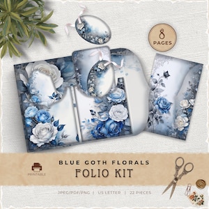 Kit de folio gótico con flores azules, imprimible de efímeras de diario basura, carpeta con bolsillos combinables, material para manualidades, flores elegantes, JJ026