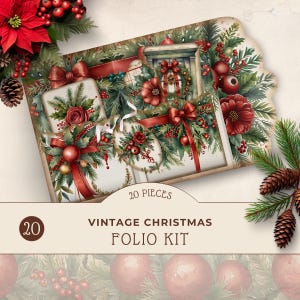 Kit de diario navideño vintage, bolsillos festoneados imprimibles, folio navideño combinable, descarga digital, manualidades con papel