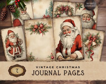 Vintage Christmas Junk Journal Pages, Retro Santa Printable Scrapbook Paper Download