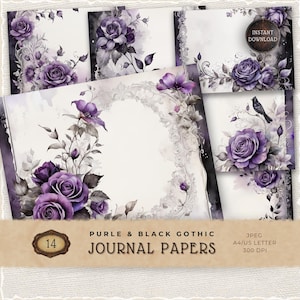Papier imprimable gothique noir violet, papier numérique pour scrapbooking, éphémères pour journaux indésirables, fournitures de fabrication de cartes, fournitures créatives, JJ006