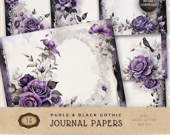 Carta stampabile gotica nera e viola, carta digitale per scrapbooking, effimeri per diario spazzatura, articoli per la creazione di biglietti, articoli per l'artigianato, JJ006