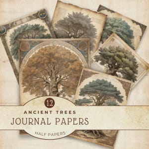 Papeles digitales de árboles antiguos, diario artístico de paisajes, imágenes de álbumes de recortes, páginas de diario basura, descarga instantánea, manualidades con papel