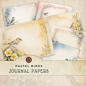 Pages de carnet pastel oiseaux, papiers numériques oiseaux et fleurs, images de scrapbooking, fournitures créatives, fabrication de cartes, téléchargement immédiat