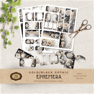 Efímeras de flores góticas doradas y negras, material para diarios basura, decoraciones para álbumes de recortes, elementos esenciales para manualidades con papel imprimible, JJ006