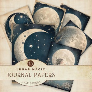 Vintage Lunar Magie Digitales Papier Set, Scrapbook Hintergründe, Junk Journal Seiten, Mond Kunstdrucke, Instant Download, Papier basteln
