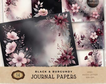 Black Burgundy Digital Paper Pack, Moody Dark Floral Printable Backgrounds for Scrapbooking and Art Journaling