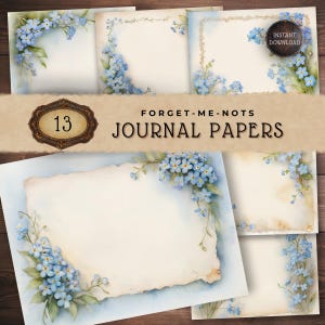 Blue Forget Me Not Flower Junk Journal Pages, Decorative Papers, Cardmaking Supplies, Digital Backgrounds, Scrapbook Paper, JJ005