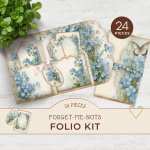 Foliopakket vergeet-mij-niet, extra's voor junkjournal, afdrukbaar zakje, foliokit wilde bloemen, knutselbenodigdheden plakboek, blauwe bloemen, JJ005