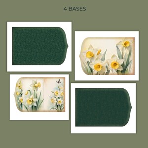 May include: Four bases are shown, each with a different design. Two bases have a dark green, patterned design. The other two bases display watercolour illustrations of white and yellow daffodils. The text "4 BASES" is at the top.