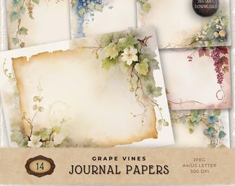 Watercolor Grapevine Digital Paper Pack, Vintage Botanical Vine Printable Backgrounds for Junk Journaling and Scrapbooking