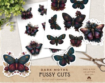 Dark Moth Fussy Cuts, Vintage Gothic Botanical Printable Ephemera, Moody Junk Journal Cut Out Download, JJ041