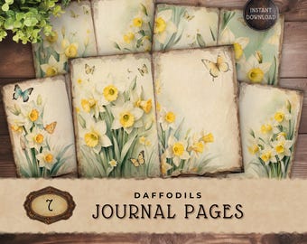 Daffodil Junk Journal Pages, Vintage Spring Floral Printable Scrapbook Paper Download, JJ003