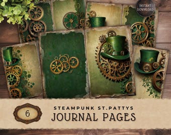 Steampunk St Patricks Junk Journal Pages, Vintage Green Printable Scrapbook Paper Download